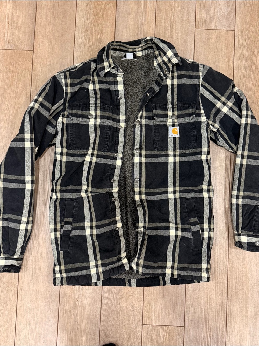 Carhartt Men’s Hubbard Black & Cream Plaid Sherpa Lined Shirt Jacket shacket S